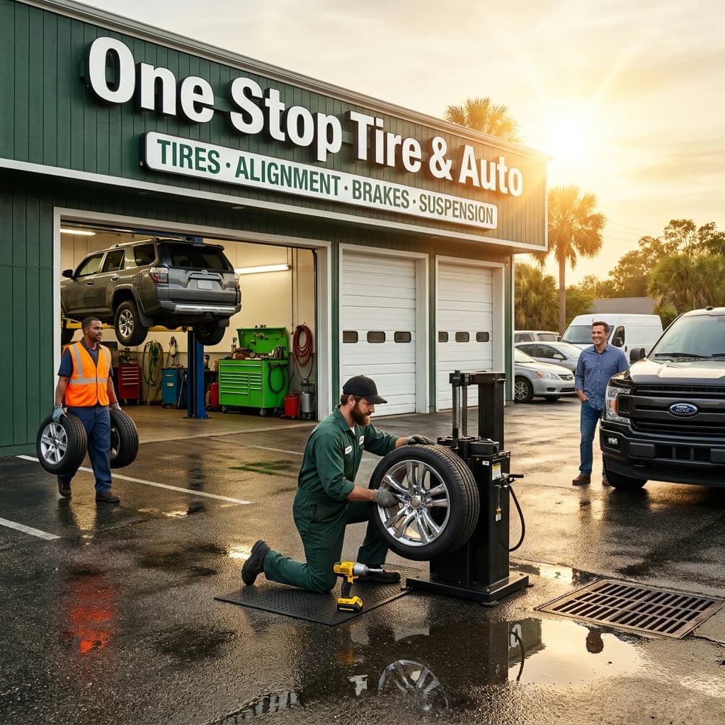 One Stop technicians servicing a tire in the shop bay